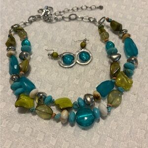 Turquoise and Green Beaded Necklace and Earring Set